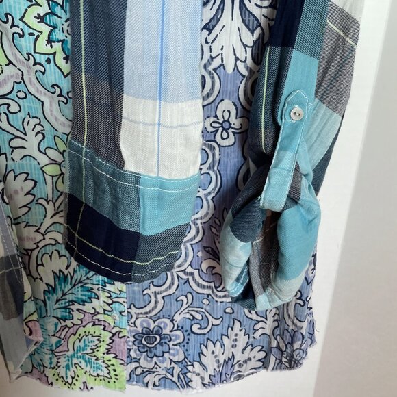 Cino SUNDANCE Floral Plaid Mixed Print Button Down Top Size S Blue Cotton - Picture 8 of 16